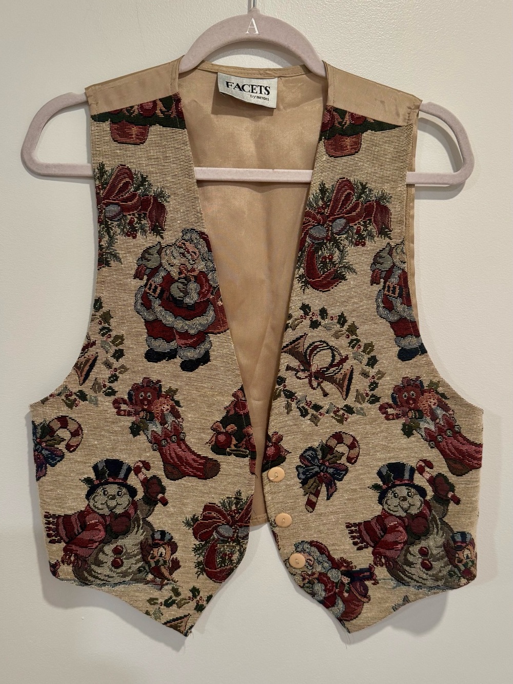 VINTAGE Facets Beige Holiday Vest - Festive Santa & Snowman Print Size MEDIUM